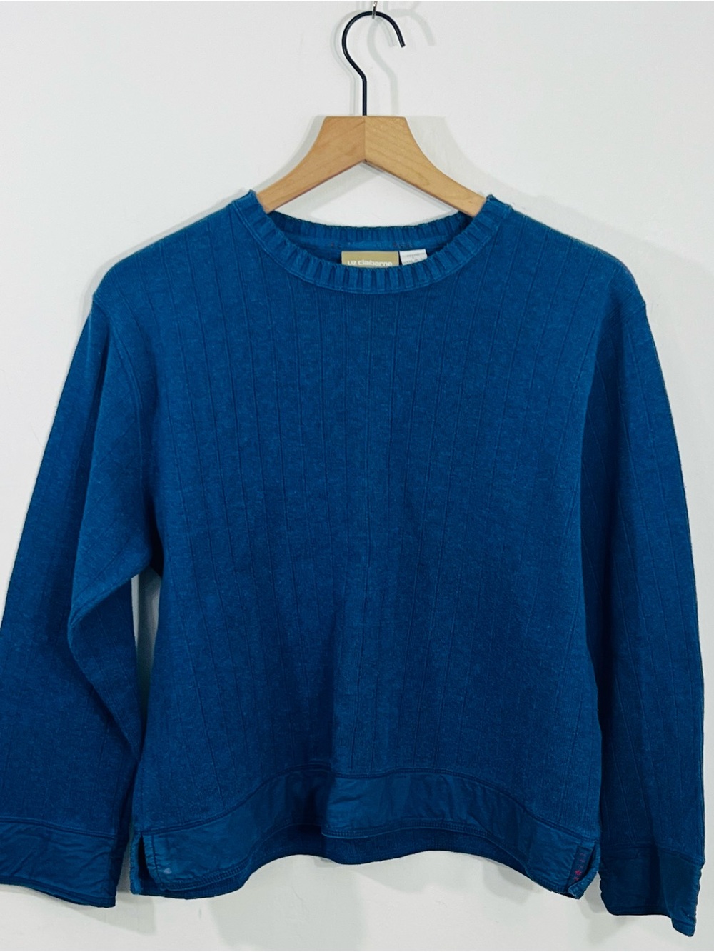 Liz Clairborne Pullover Ribbed Knit Beautiful Blue Long Sleeve Cotton Size Lp